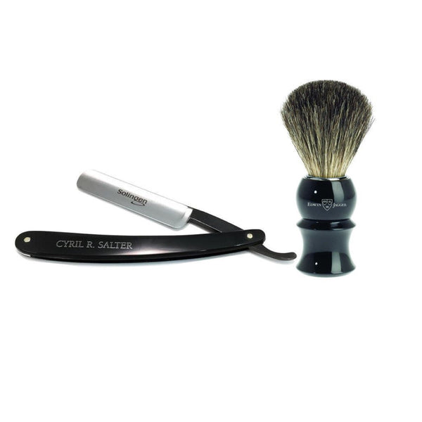 Cyril R.Salter Carbon Steel Ebony Straight Razor + Edwin Jagger Ebony Badger Brush