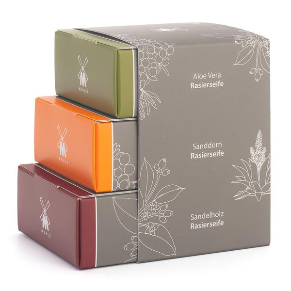 Mühle SHAVE CARE, Shaving Soap Trio - Aloe Vera, Sea Buckthorn & Sandalwood 75g